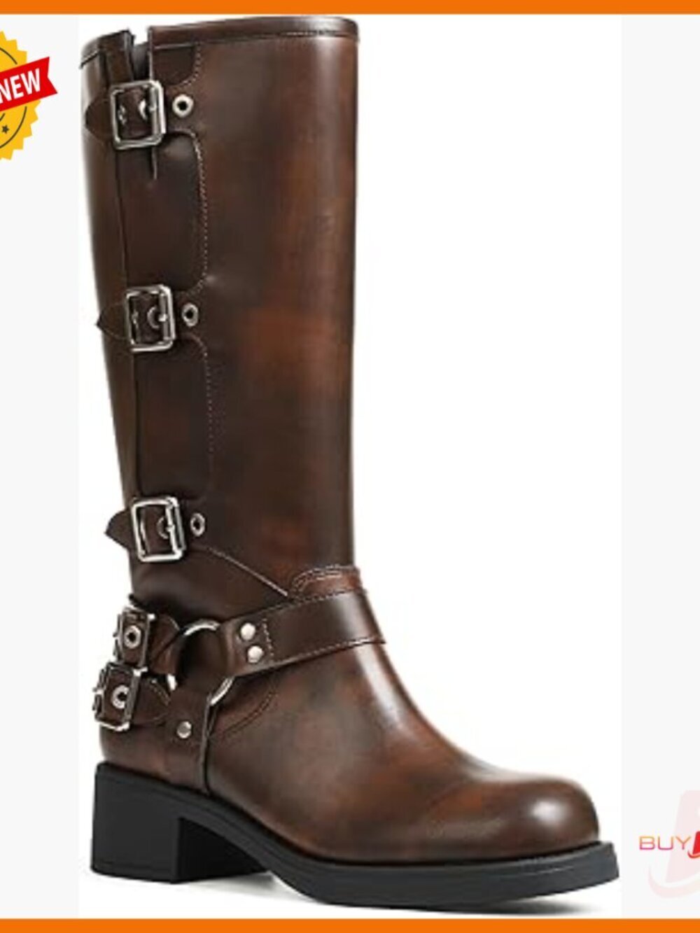Knee High Combat Boots Square Toe Pull On Wide Calf Buckle Chunky Heel